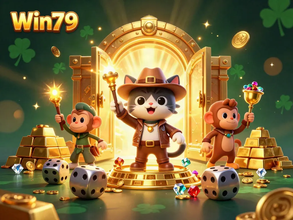 Experience thrilling gaming adventures with Win79 as an explorer cat uncovers a golden casino artifact.