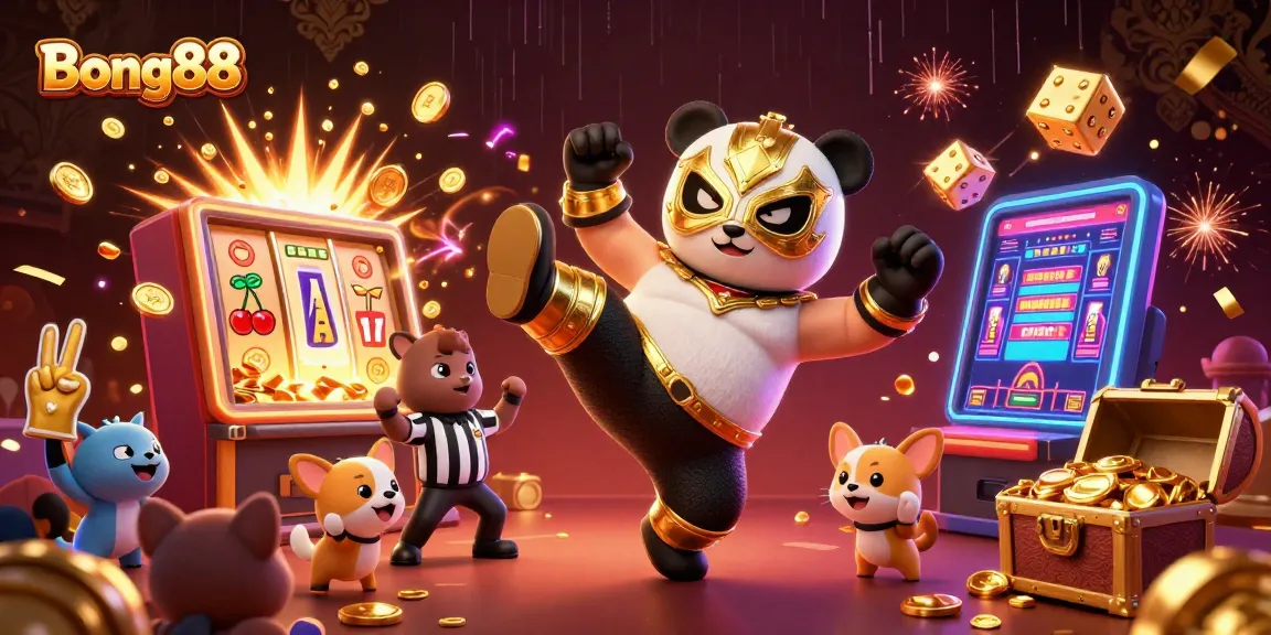 Bong88 offers exciting casino experiences with a vibrant scene of cartoon wrestlers, casino games, and joyful spectators.