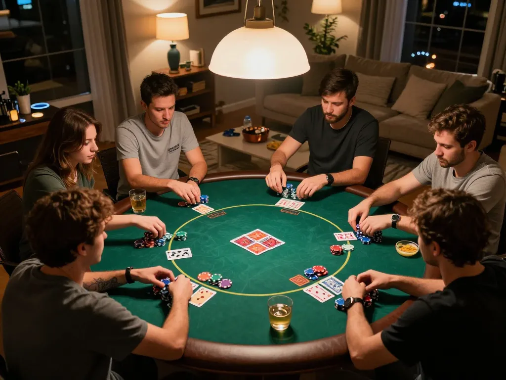 Friends enjoying a thrilling poker game at home, highlighting uk88's social gambling experience.