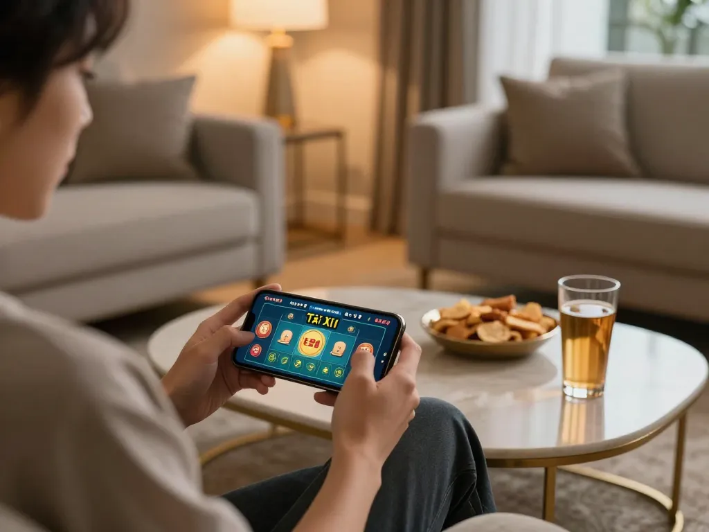 Tài xỉu online gameplay on a smartphone in a cozy home setting with snacks and drinks.