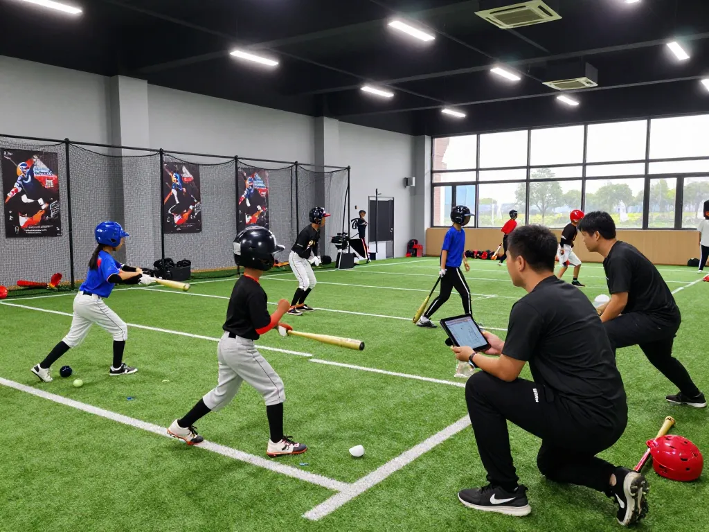 Youth athletes training at web hitclub facility, showcasing teamwork and skill development.