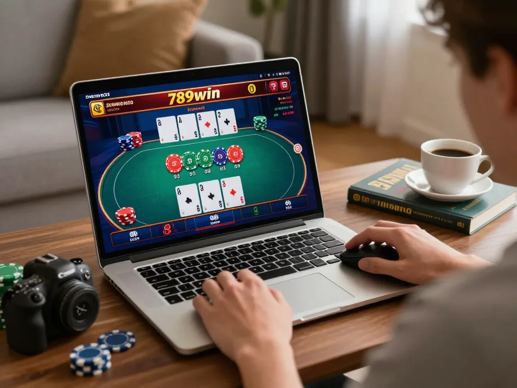 Engaged player navigating the 789win casino online poker game, showcasing strategic gameplay at home environment.