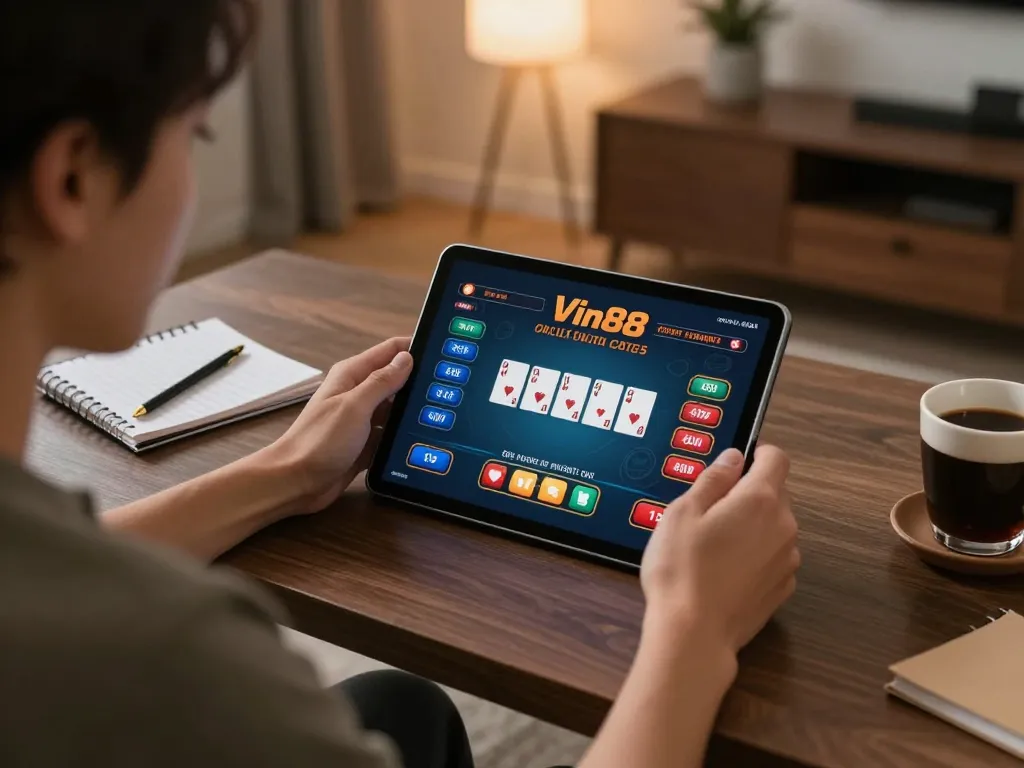 Engaging in online poker gameplay on Vin88 casino through a tablet in a cozy home setting.