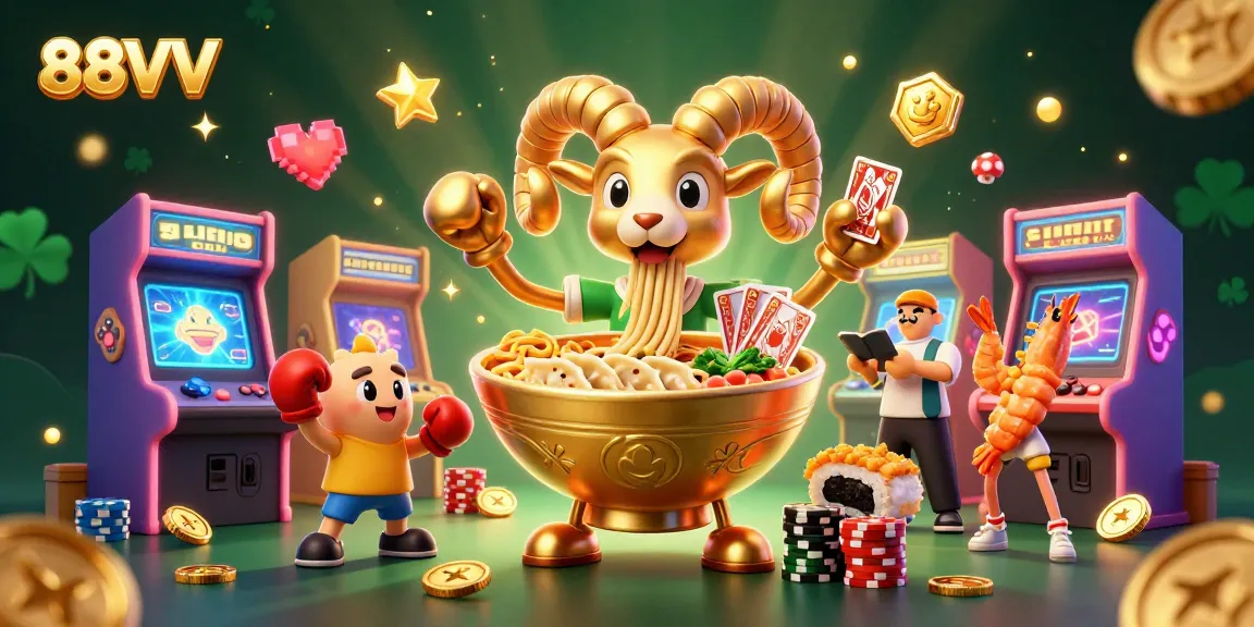 Engage with 88VV's thrilling games featuring a gold ramen bowl dealing cards in a vibrant casino setting.