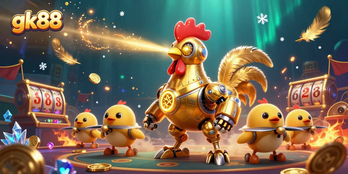 Experience the dynamic energy of gk88 as the golden rooster robot leads a futuristic casino scene.