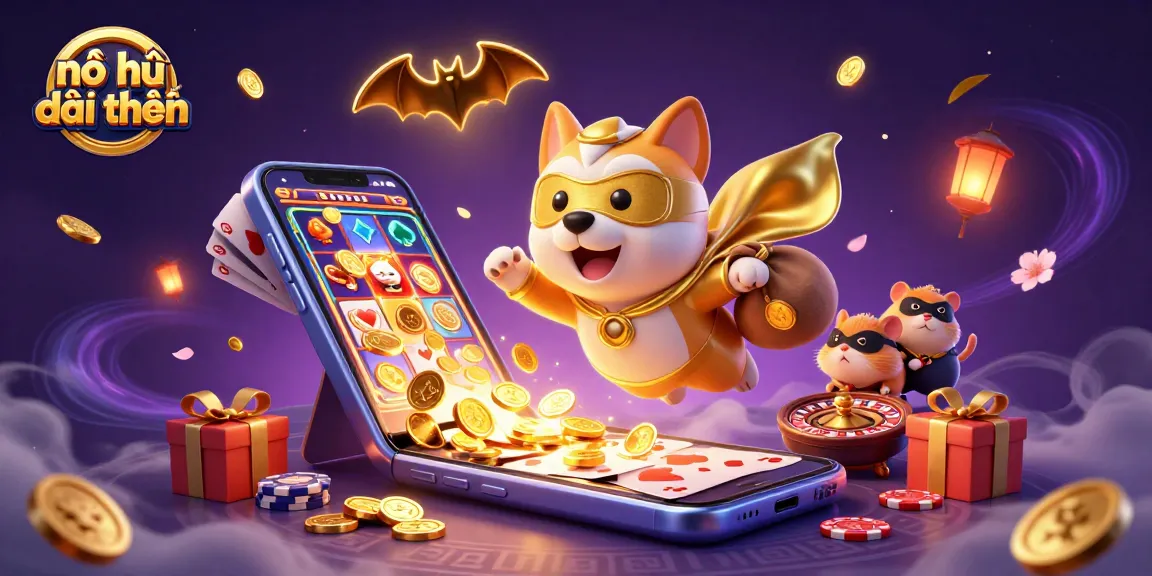 Nổ hũ đổi thưởng showcases a thrilling scene with a superhero dog and sidekick, bursting with excitement and jackpot potential.