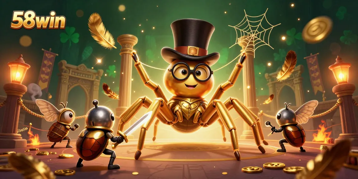 Experience 58win's thrilling atmosphere as a golden tarantula weaves a web amidst a vibrant casino scene.
