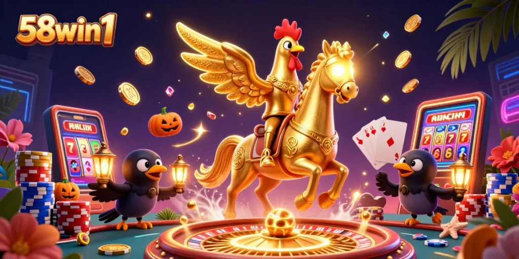 Bettors join the excitement at 58win1 with a golden rooster in a magical midnight casino scene.