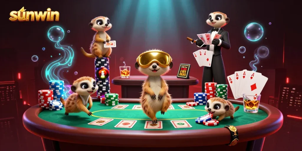 Experience the excitement at sunwin where meerkats manage a vibrant casino, showcasing a dynamic card game scene.