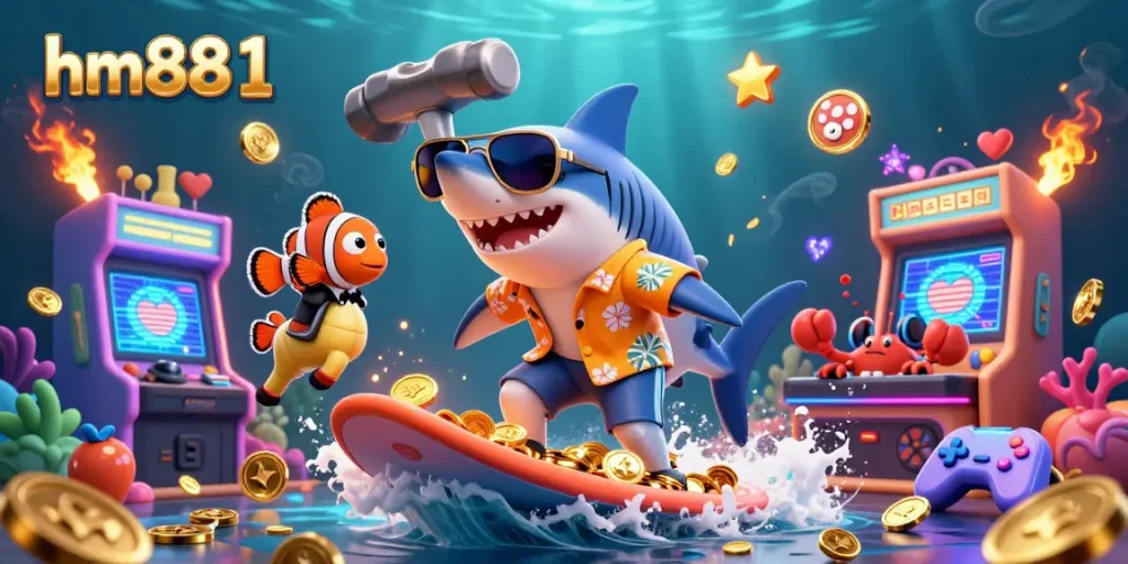 Engage in thrilling gameplay at hm88 1 with a shark surfing on gold coins surrounded by vibrant game elements.