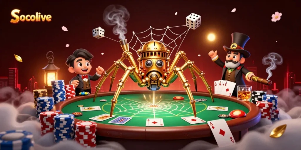 Socolive's steampunk-inspired golden spider catching dice in a vibrant casino scene