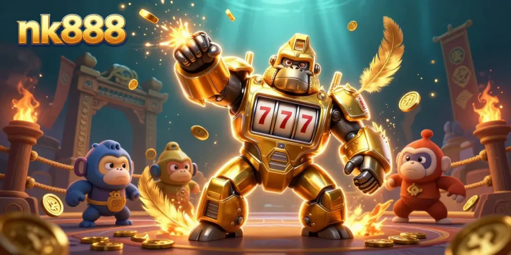 Experience thrilling victories at nk888 with a dynamic 3D gorilla mech and vibrant gambling elements.