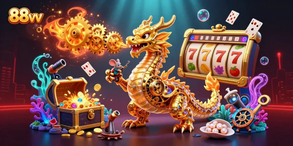 Experience high-stakes excitement with 88vv's captivating game elements in a vibrant casino illustration.