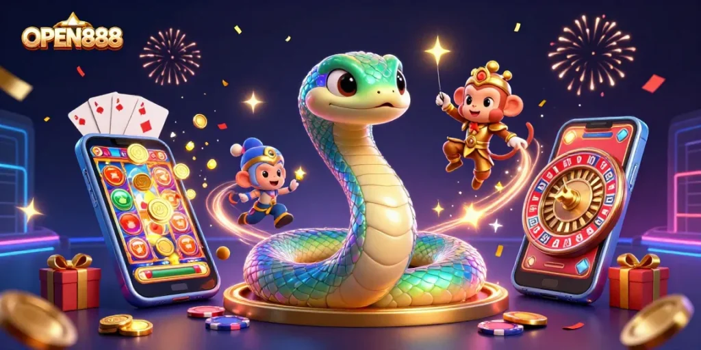 Experience excitement with OPEN888 as the rainbow serpent coils around golden treasures and vibrant game elements.