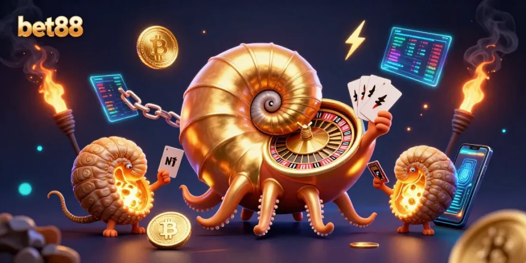 Experience exhilarating bets with bet88 at a vibrant 3D casino filled with gold and neon elements.