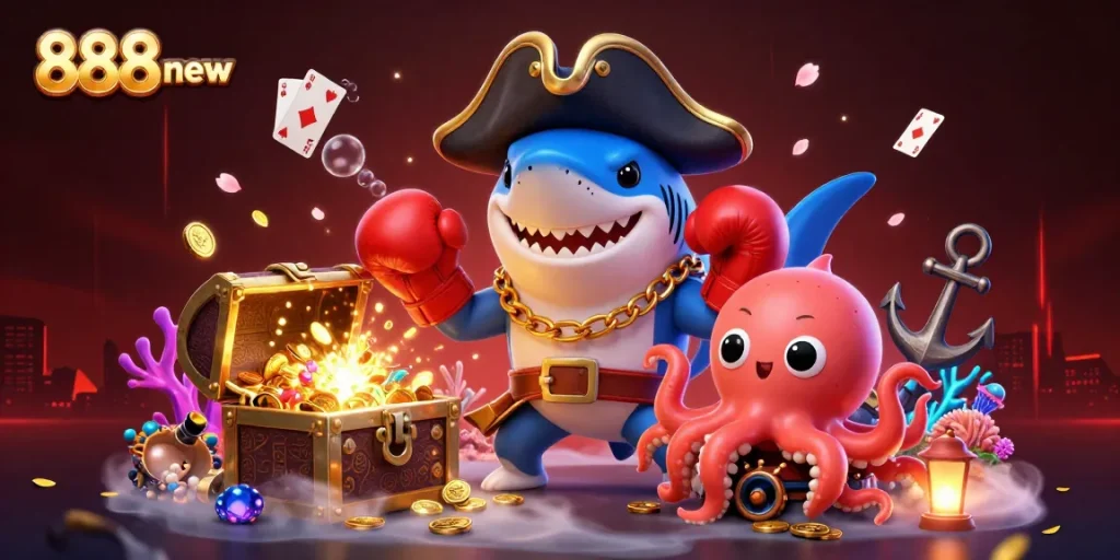 Join the adventure with 888new's vibrant casino scene featuring a pirate shark, pufferfish, and octopus!