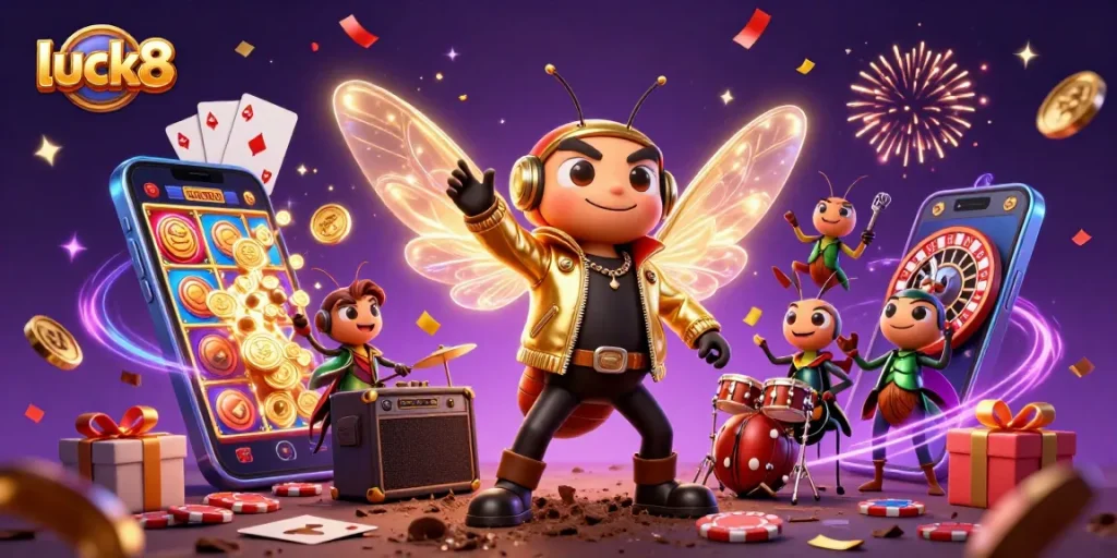 Experience luck8 with vibrant casino elements and rock star characters amidst colorful gaming action.