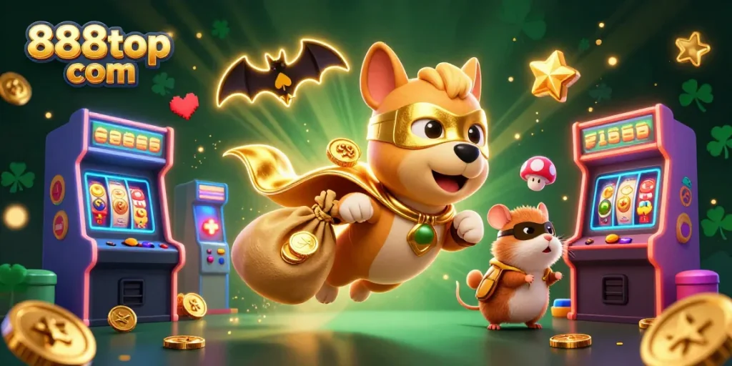 Experience the excitement of 888top com with superhero characters in a vibrant casino-themed illustration.