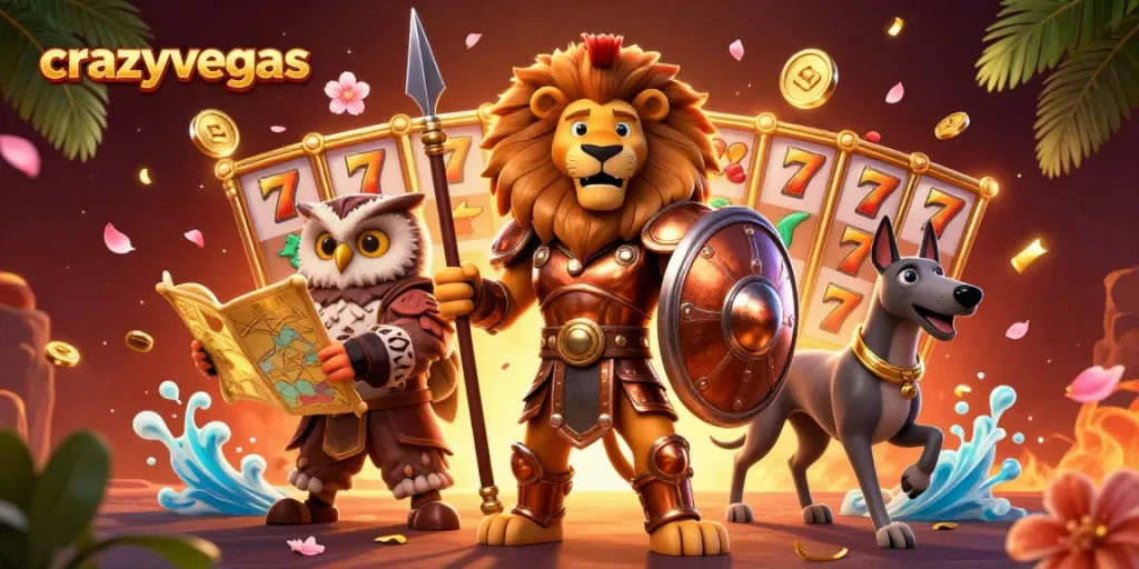 Spin to win at crazyvegas with a vibrant scene of a Spartan lion and his allies amidst thrilling slot symbols.