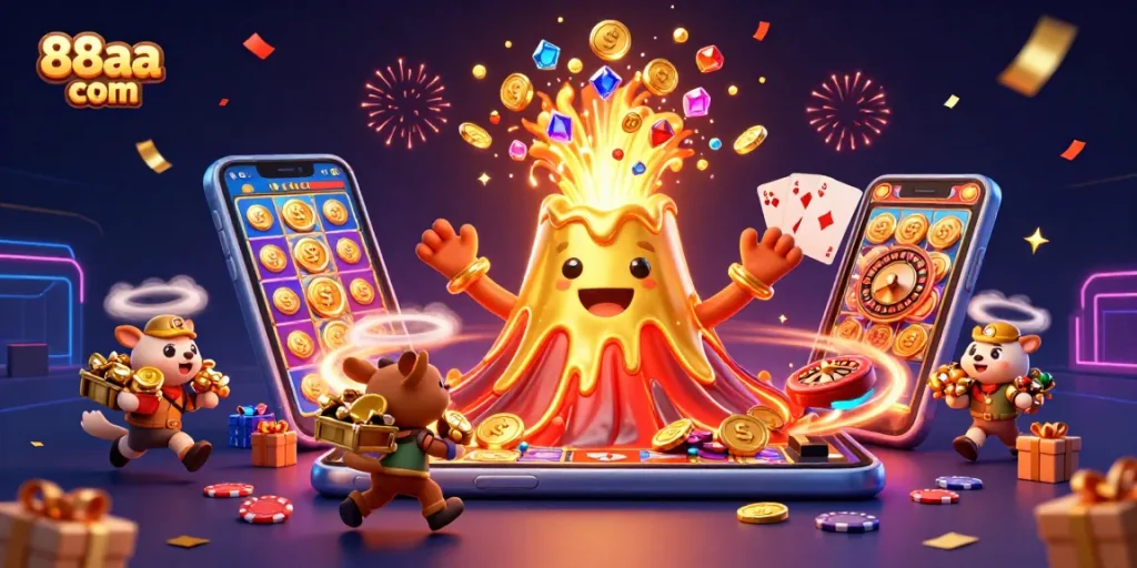 Experience the excitement of 88aa com with a vibrant eruption of treasures and gaming elements.